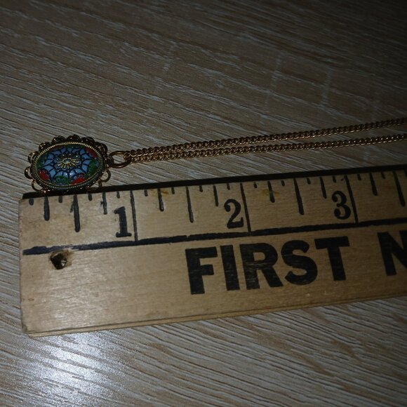 Gold Tone Oval Blue Patterned Pendant Necklace Vintage Costume Jewelry #101 - Picture 8 of 12